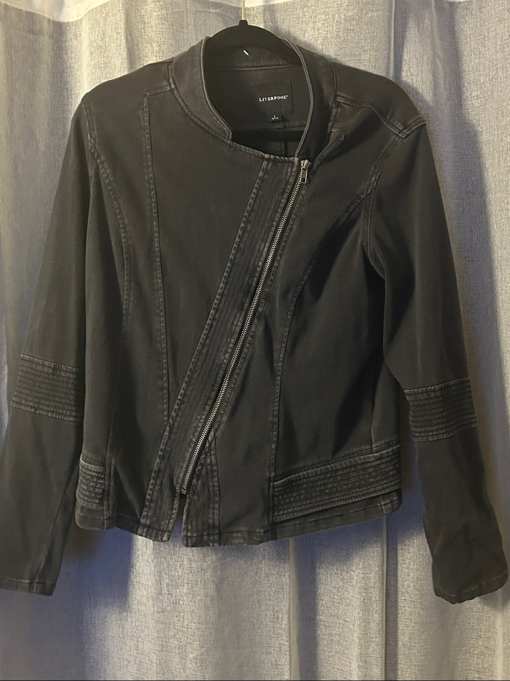 Liverpool Los Angeles  Denim Moto Jacket Asymmetric Zip Washed Black Nocturnal